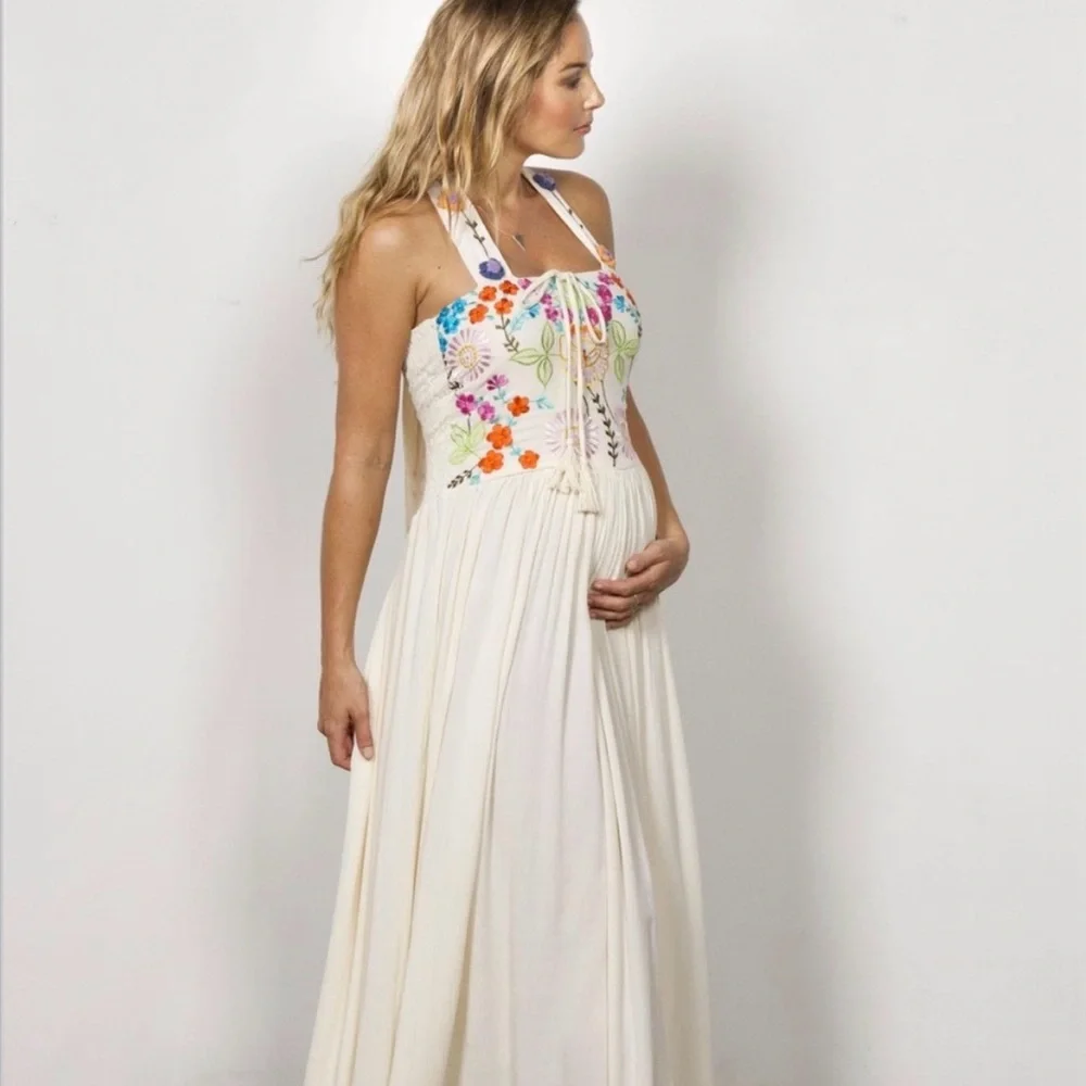 Vintage HTF Bonita Floral Embroidered halter Maxi Dress - Picture 3 of 7